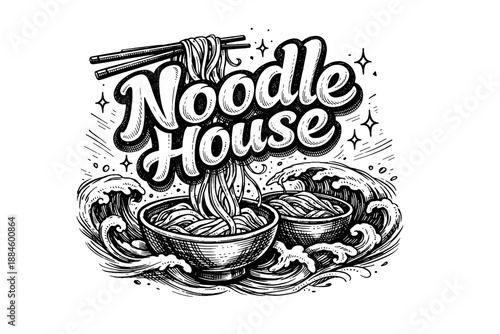 Noodle House logo with chopsticks and steaming bowls of noodles surrounded by waves