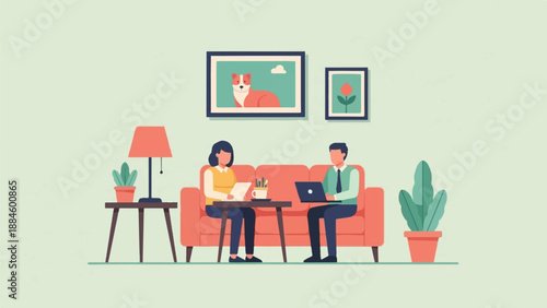 Two people sit on a couch in a room with art and plants