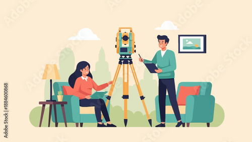 Two surveyors working indoors with surveying equipment