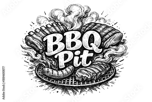 Hand-drawn BBQ Pit illustration with grilled meats and smoke, perfect for culinary themes
