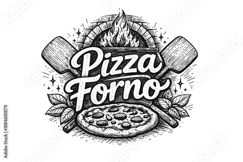 Artistic "Pizza Forno" logo with wood-fired oven, pizza peel, and fresh pizza