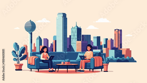 Two people work on laptops on a sofa with a city skyline behind them