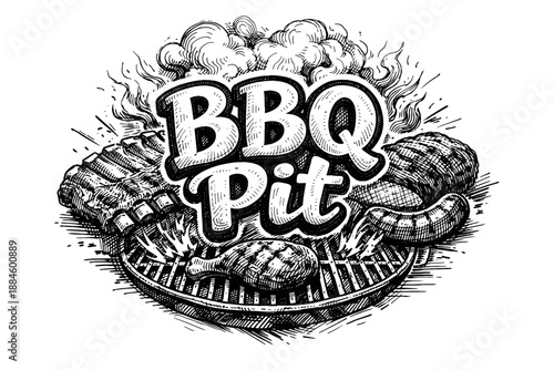 BBQ Pit illustration with grilled meats and smoky atmosphere, hand-drawn style