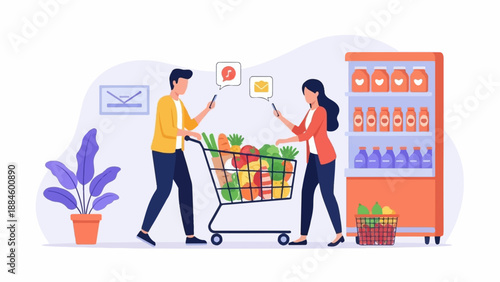 Two people use smartphones while shopping for groceries, with a full cart