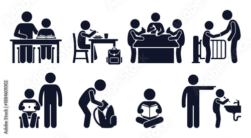 School-age child care icon set. Stick figure black silhouettes of homework help, school pickup, crafts, screen time, backpack, reading. Flat vector pictograms.