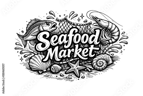 Hand-drawn seafood market logo with fish, shrimp, and shells in black and white