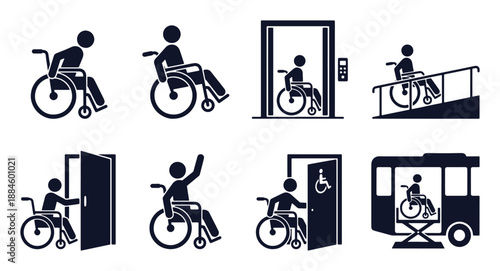 Wheelchair accessibility icon set. Stick figure black silhouettes - person on ramp, using elevator, opening door, boarding bus, mobility support. Flat vector pictograms.
