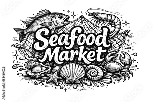 Seafood Market illustration with fresh catch and shellfish, hand-drawn style
