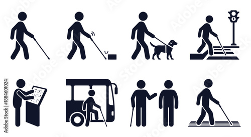 Blind people accessibility icon set. Stick figure black silhouettes – guide dog, braille board, white cane, bus assistance, tactile paving, pedestrian crossing. Flat vector pictograms