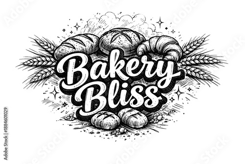 Bakery Bliss logo with hand-drawn bread, croissant, and wheat illustration