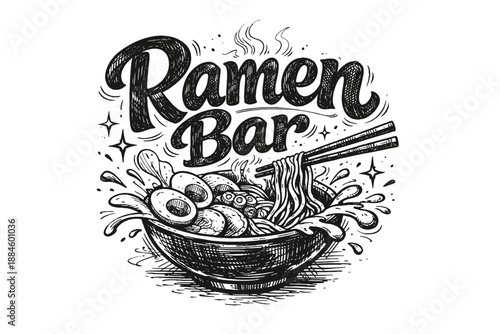 Hand-drawn black and white illustration of a steaming bowl of ramen with chopsticks and eggs