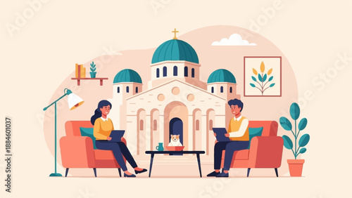 Two people relaxing on couches near a building with domes, reading