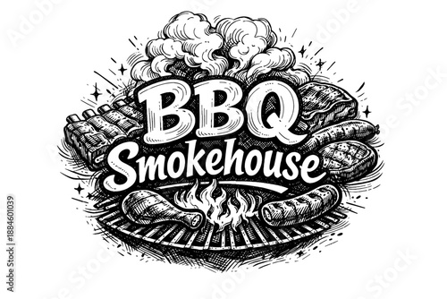 BBQ Smokehouse hand-drawn illustration with grilled meats and smoke