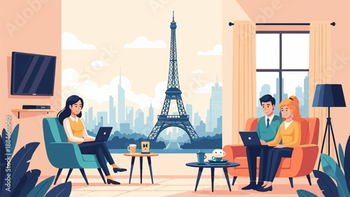 People in a living room with a cityscape view of the Eiffel Tower
