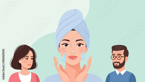 People enjoying skincare and hydration with water droplets