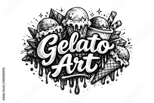 Hand-drawn Gelato Art lettering with ice cream cones and chocolate bars
