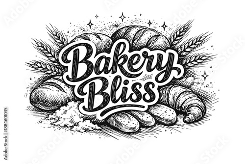 Hand-drawn bakery logo with bread, croissant, and wheat illustration