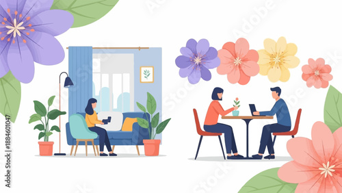 Two scenes show people in domestic and cafe settings with floral accents