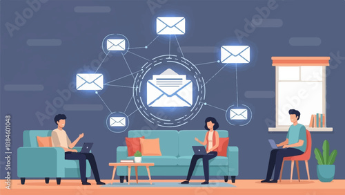 People connected via email in a cozy, digitally-themed living room setting