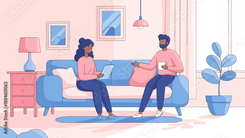 Two people in a cozy room with a couch, lamp, plant and pictures on the wall