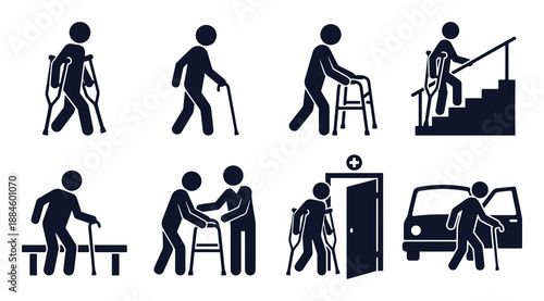 Mobility aid icon set. Stick figure black silhouettes – walking with crutches, using cane, walker frame, climbing stairs, sitting down, entering clinic, getting out of car. Flat vector pictograms