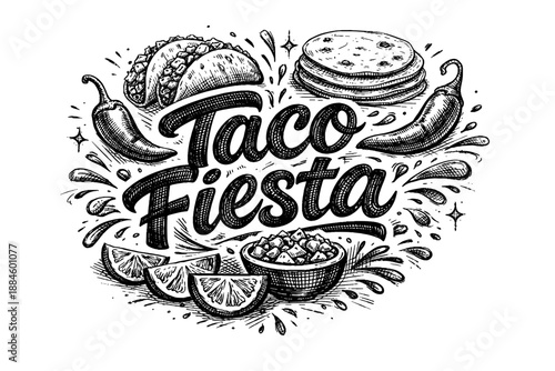 Taco Fiesta hand-drawn illustration with Mexican food elements and festive splashes