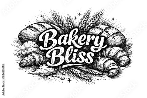 Hand-drawn bakery bliss logo with croissants, bread, and wheat in sketch style