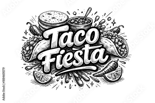 Taco Fiesta hand-drawn lettering with Mexican food elements and chili peppers