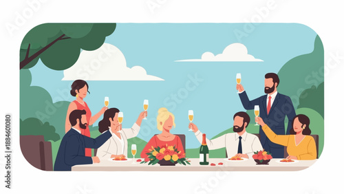 People celebrating at a table outdoors with drinks and flowers
