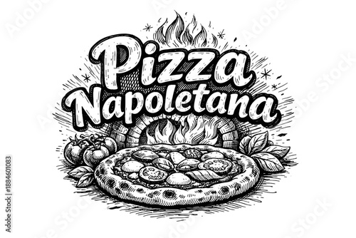 Authentic Neapolitan Pizza with Wood-Fired Oven and Fresh Ingredients Hand-Drawn Style