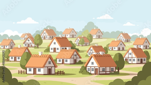 Pixel art village with quaint houses scattered across rolling green hills