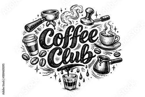 Hand-drawn "Coffee Club" lettering with espresso making tools and coffee beans