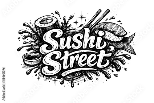 Hand-drawn lettering "Sushi Street" with Japanese food elements and splashes