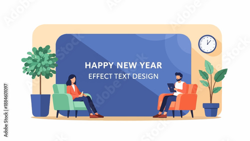 Two people sit in armchairs, a tree, a plant, and a clock adorn the scene