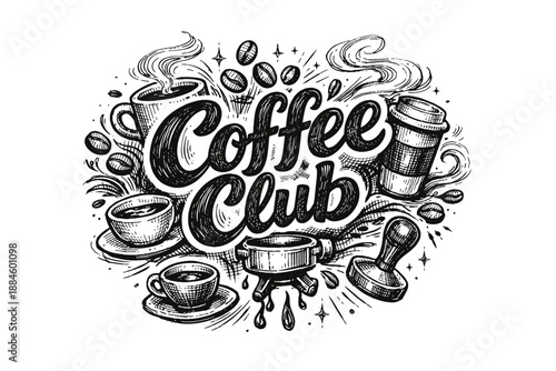 Hand-drawn "Coffee Club" lettering with steaming cups and coffee beans illustration