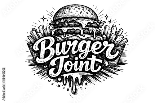 Retro hand-drawn burger and fries logo for a burger joint, black and white sketch style
