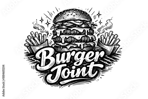 Hand-drawn burger and fries logo for a casual eatery, emphasizing deliciousness