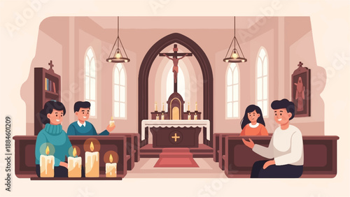 People attend a service in a church with candles and a crucifix