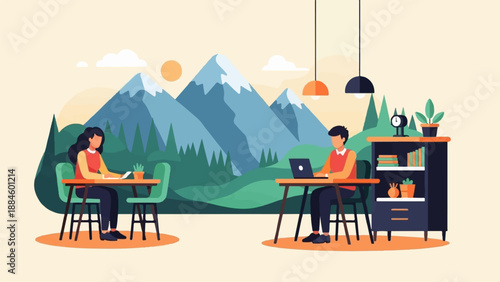 Two individuals working remotely with a mountainous backdrop and indoor plants