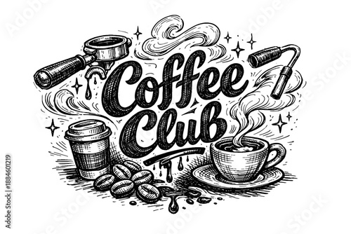 Hand-drawn "Coffee Club" logo with espresso machine, coffee cup, and beans