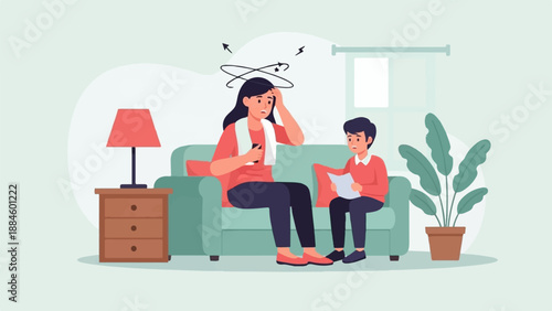 Stressed mother and child on sofa with swirling head symbols