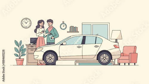 People interacting with a car indoors, near furniture and decor