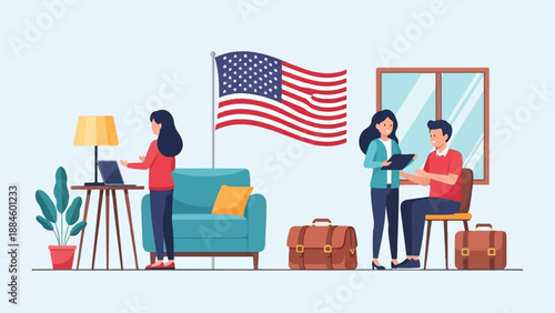 Professionals discuss work near a US flag and modern furniture