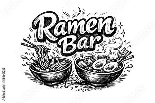 Hand-drawn Ramen Bar logo with steaming bowls of noodles and toppings