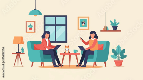 Two individuals work remotely from comfortable chairs in a cozy living room