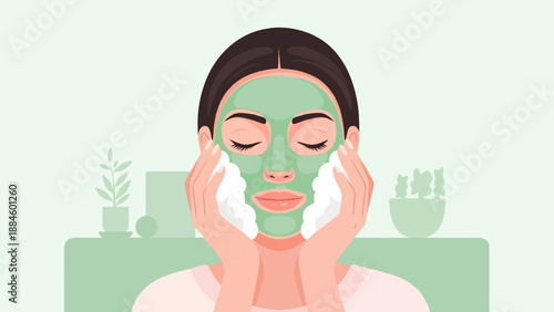 Person applying a green facial mask and foam to her face