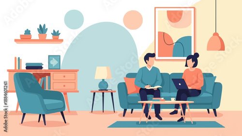 Two people collaborate in a cozy living room with modern furniture and decor