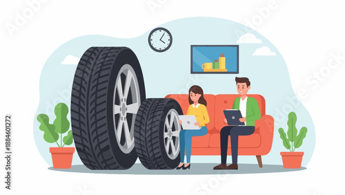 Two people on sofa with laptops next to large tires