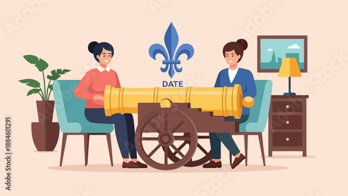 Two women seated, facing each other with a cannon between them, a fleur-de-lis above