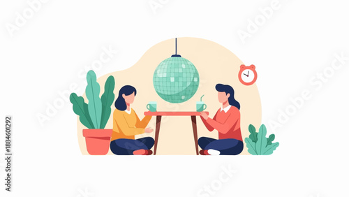 Two women share drinks at a table under a disco ball, with plants and an alarm clock